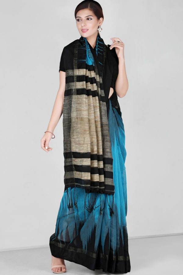 Blue and Charcoal Handloom Saree