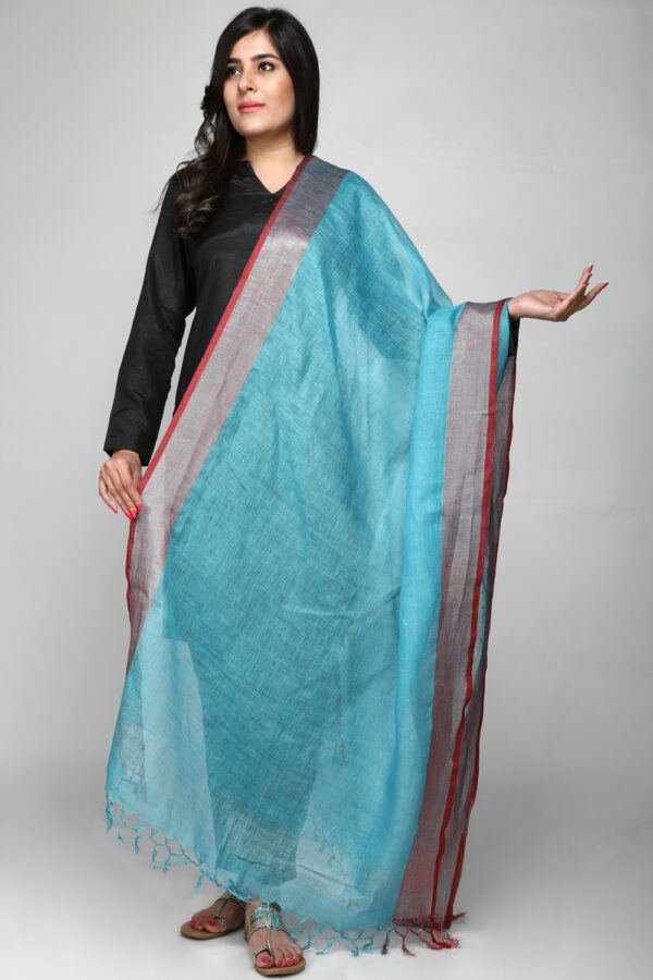 Blue Linen Dupatta with Metallic Contrasting Border