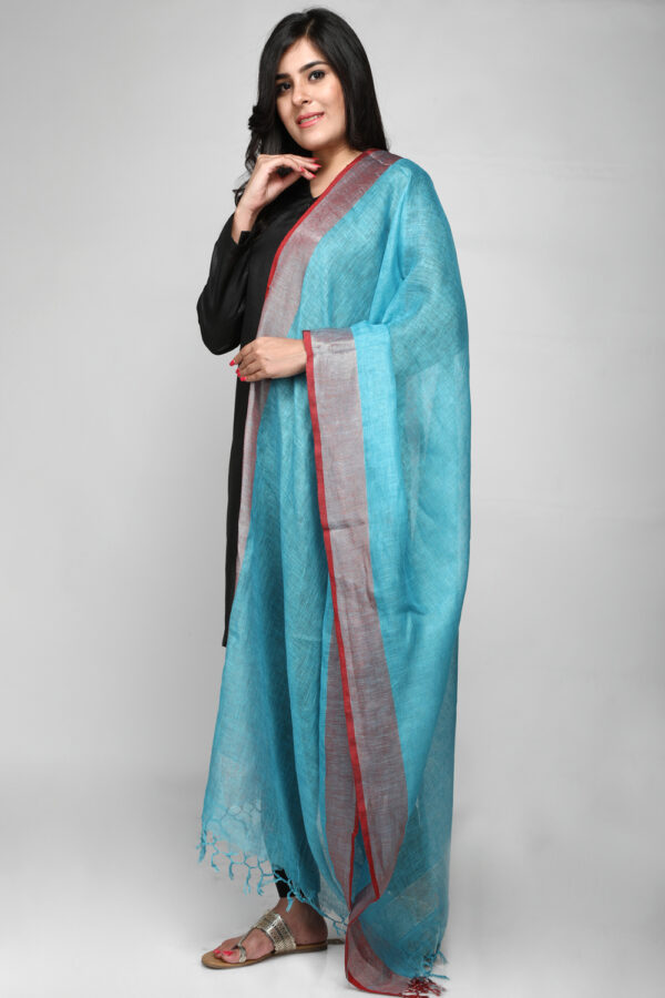 Blue Linen Dupatta with Metallic Contrasting Border - Image 2