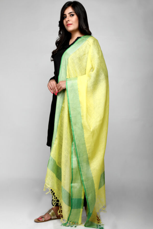 Yellow Linen Dupatta with Metallic Contrasting Border - Image 2